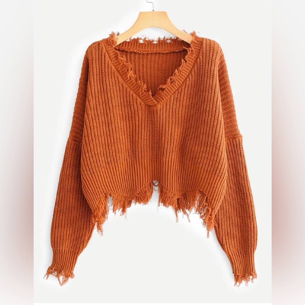 NWOT Burnt Orange Drop Shoulder V neck Slouchy fringe sweater Faux Distressed